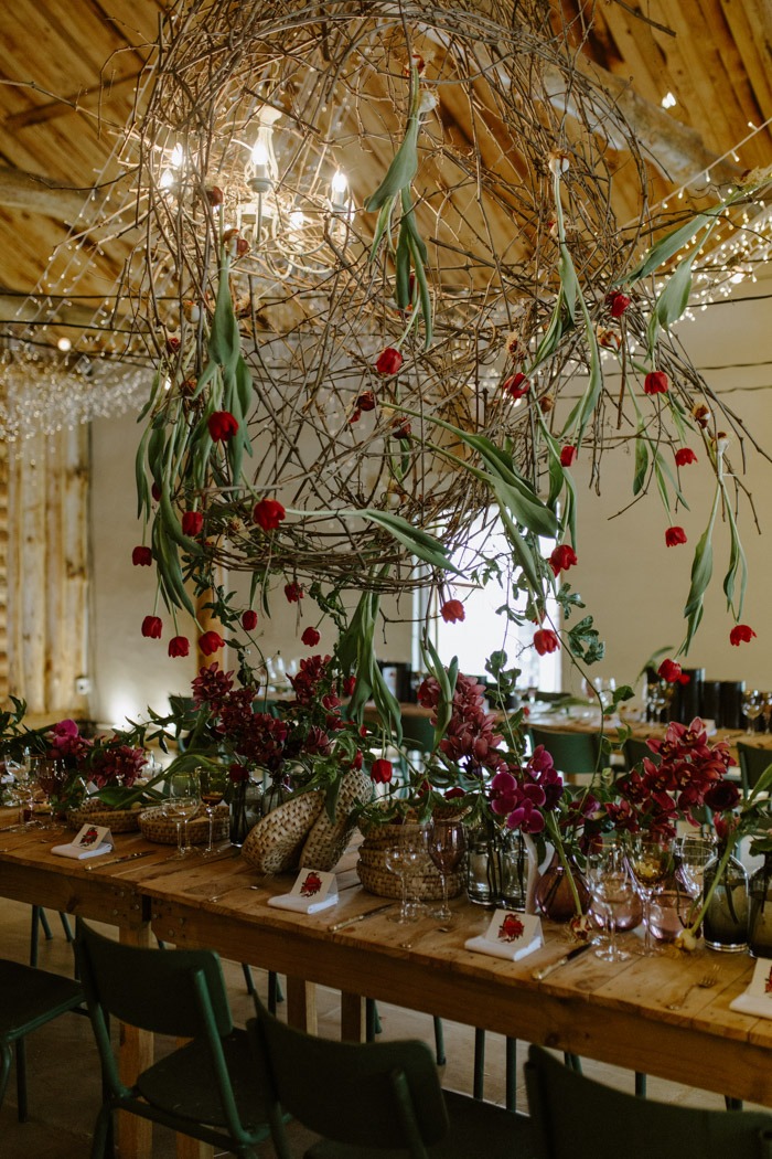 Table flowers with hanging ceiling flowers